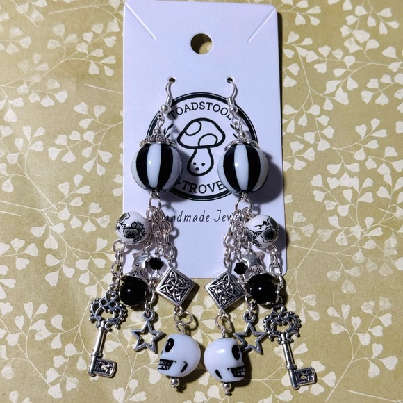 Jewelry - Black and White Skull Dangle Earrings with Obsidian Semi-Precious Stones